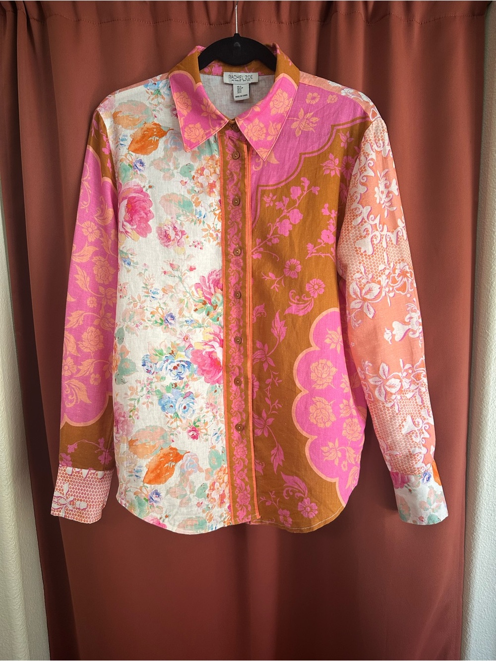 Rachel Zoe Linen Blend Pink and Orange Floral Button-Down Shirt Women’s S